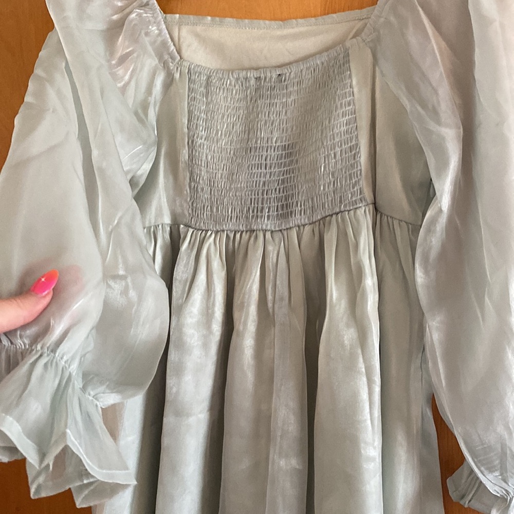 Womens Puff Sleeve Square Neck Puffy Dress Babydoll Mesh Mini Dress - Picture 3 of 5